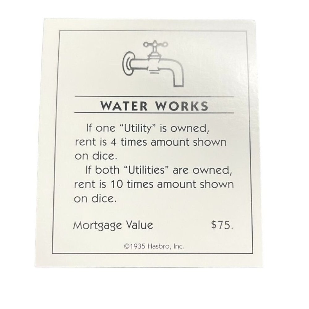 Monopoly Classic Water Works Utility Property Title Deed Card Replacement u